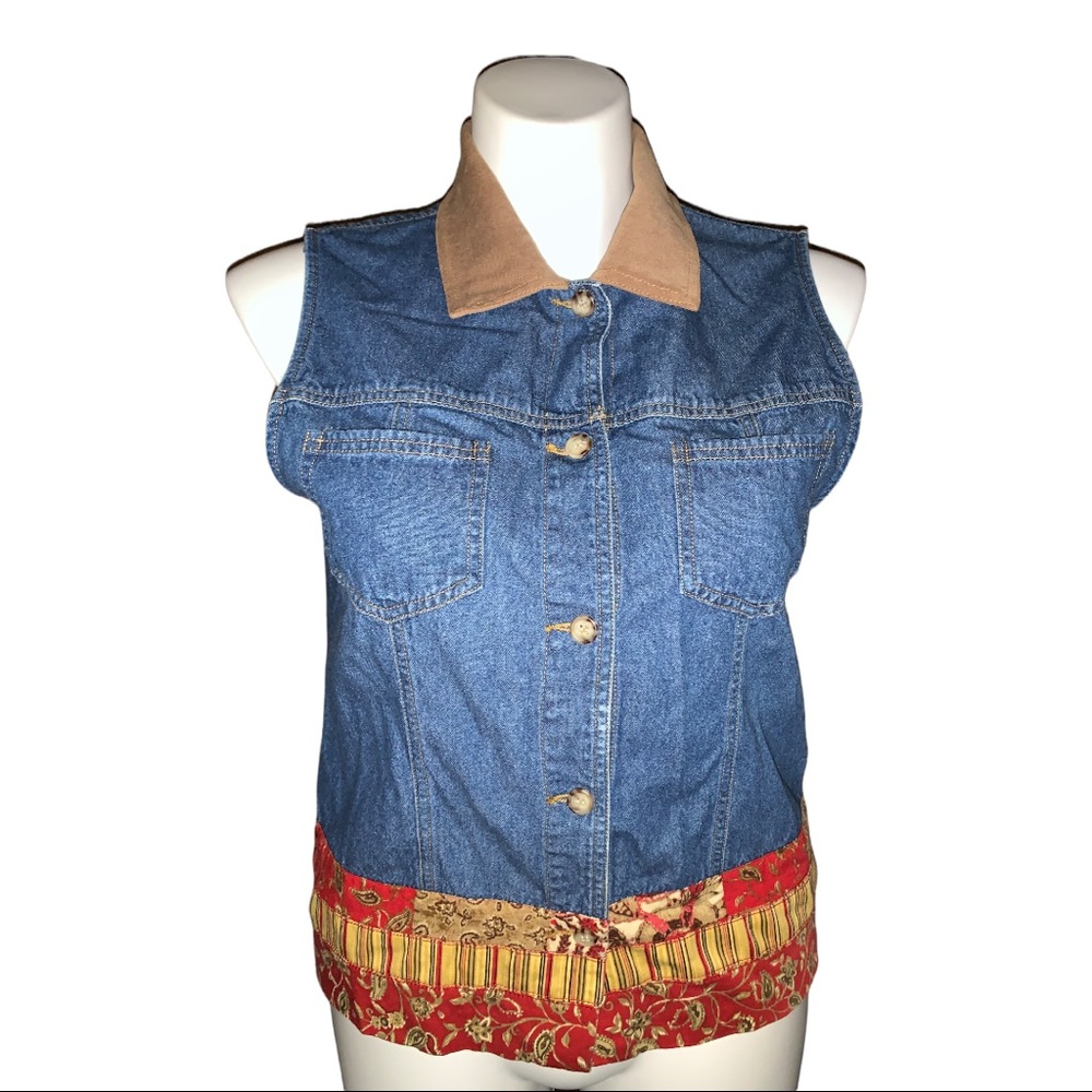 Cedar Creek Denim Vest L Western Tan Collar Paisley Stripe Trim Button Front